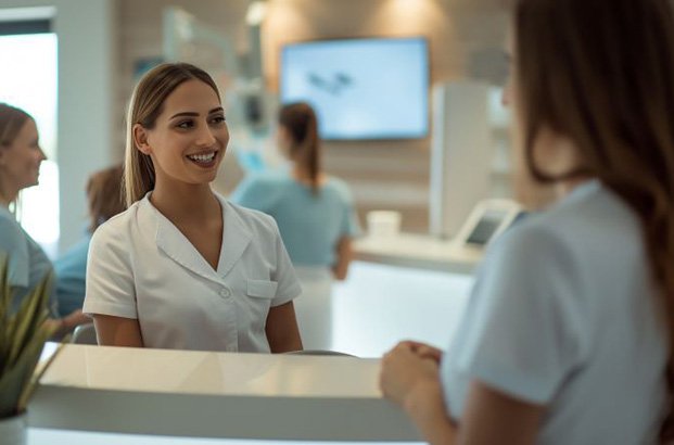 Dental receptionist interacting with patient at front desk