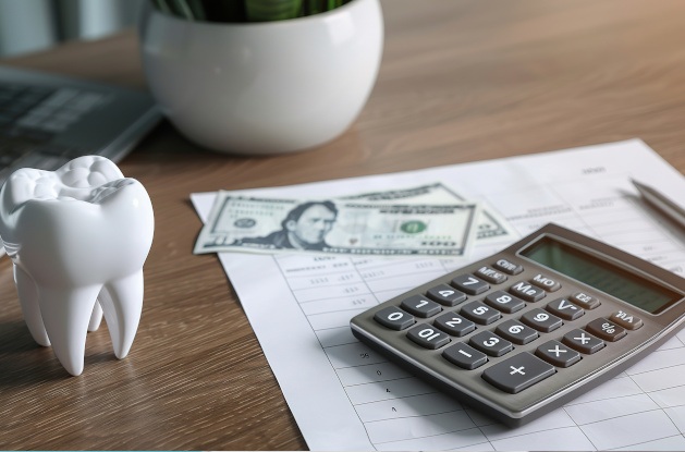 Money next to a calculator and model tooth on a wooden desk